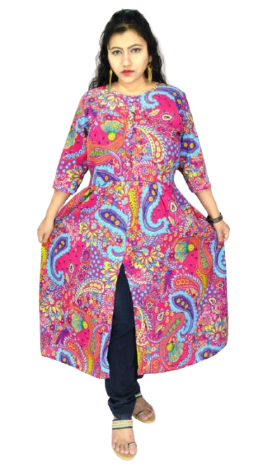 Pink Printed Cambric Cotton Kurti for Women - Calf Length 3/4 Sleeves
