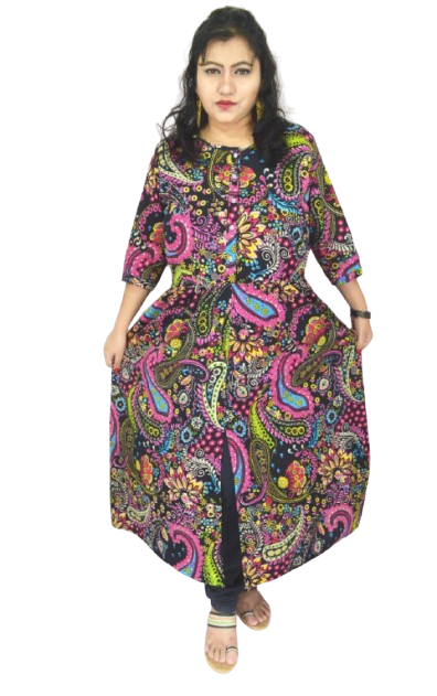 Black Printed Cambric Cotton Kurti for Women - Calf Length 3/4 Sleeves
