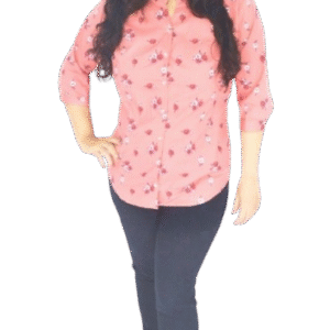Woman wearing a pink cotton shirt with pink printed floral print and ¾ sleeves