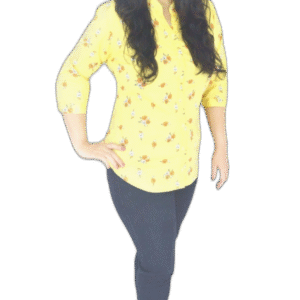 Yellow printed cotton casual shirt for women with mandarin collar and 3/4 sleeves