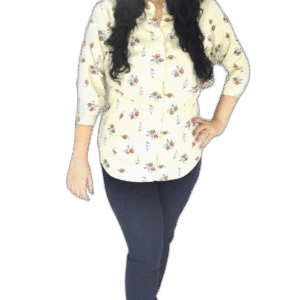 Khakhi color floral print Cotton casual shirt for women with mandarin collar and ¾ sleeves, tailored fit with curve cut and darts, ideal for office and college wear.