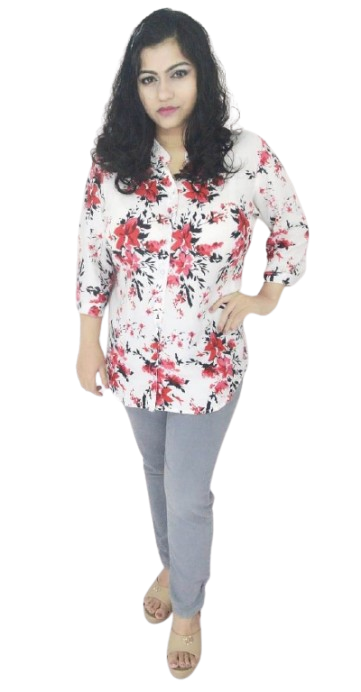 Women's Red printed rayon casual shirt with mandarin collar