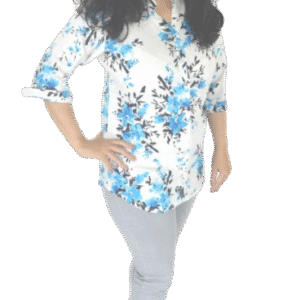 Woman wearing blue printed rayon casual shirt with mandarin collar and ¾ sleeves