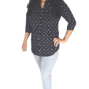 Black Printed Casual Shirt for Women – 100% Cotton, Mandarin Collar, 3/4 Sleeves