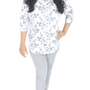 Women white base shirt with white floral print, ¾ sleeves and mandarin collar in pure cotton fabric