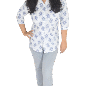 Women white base shirt with blue floral print, ¾ sleeves and mandarin collar in pure cotton fabric