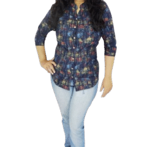 Women Dark Blue Floral Printed Casual Shirt - Cotton Fabric, Mandarin Collar, ¾ Sleeves