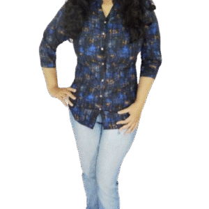 Women Dark Blue Floral Printed Casual Shirt - Cotton Fabric, Mandarin Collar, ¾ Sleeves