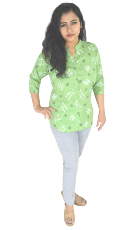 Green Floral Printed Casual Shirt for Women – Rayon, 3/4 Sleeves, Mandarin Collar