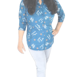 Blue Cotton Printed Casual Shirt for Women - ¾ Sleeves with Mandarin Collar