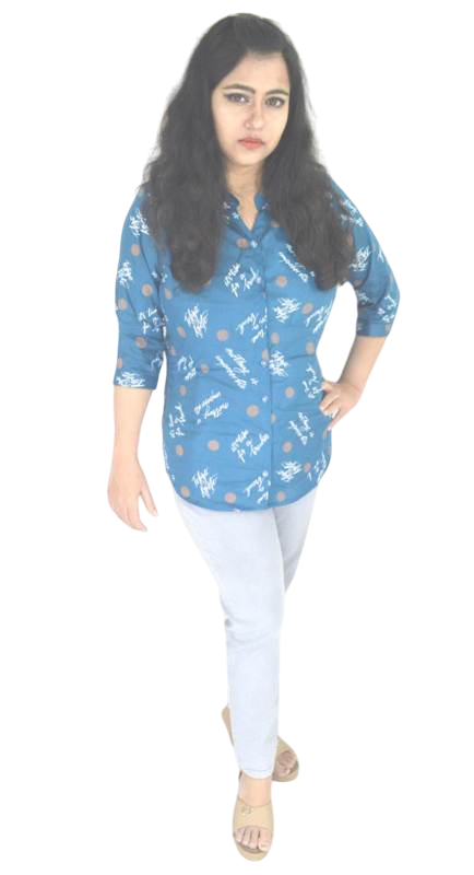 Blue Cotton Printed Casual Shirt for Women - ¾ Sleeves with Mandarin Collar