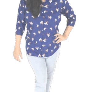 Women’s dark blue rayon floral printed casual shirt with ¾ sleeves and mandarin collar – stylish fit for office or college