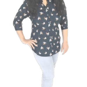Women’s black rayon floral printed casual shirt with ¾ sleeves and mandarin collar – stylish fit for office or college