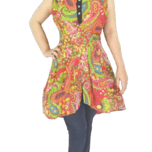 Sleeveless Red Printed Cambric Cotton Short Anarkali Kurti for Women