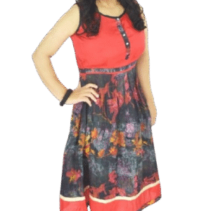 Sleeveless Printed Anarkali Kurti – Red Rayon Cotton XL