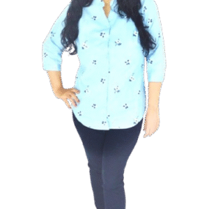 Light Blue Printed Cotton shirt with blue floral print and ¾ sleeves