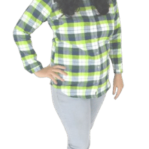 Stylish woman wearing a green, black, and white checkered cotton shirt with a spread collar and full sleeves.