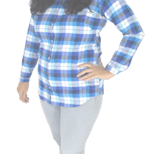 Stylish woman wearing a blue, white, and grey checkered cotton shirt with a spread collar and full sleeves.