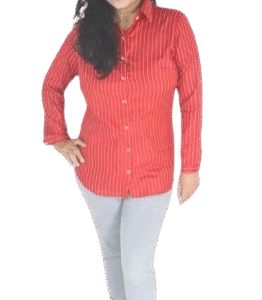 Red Striped Rayon Shirt for Women with Spread Collar and Full Sleeves